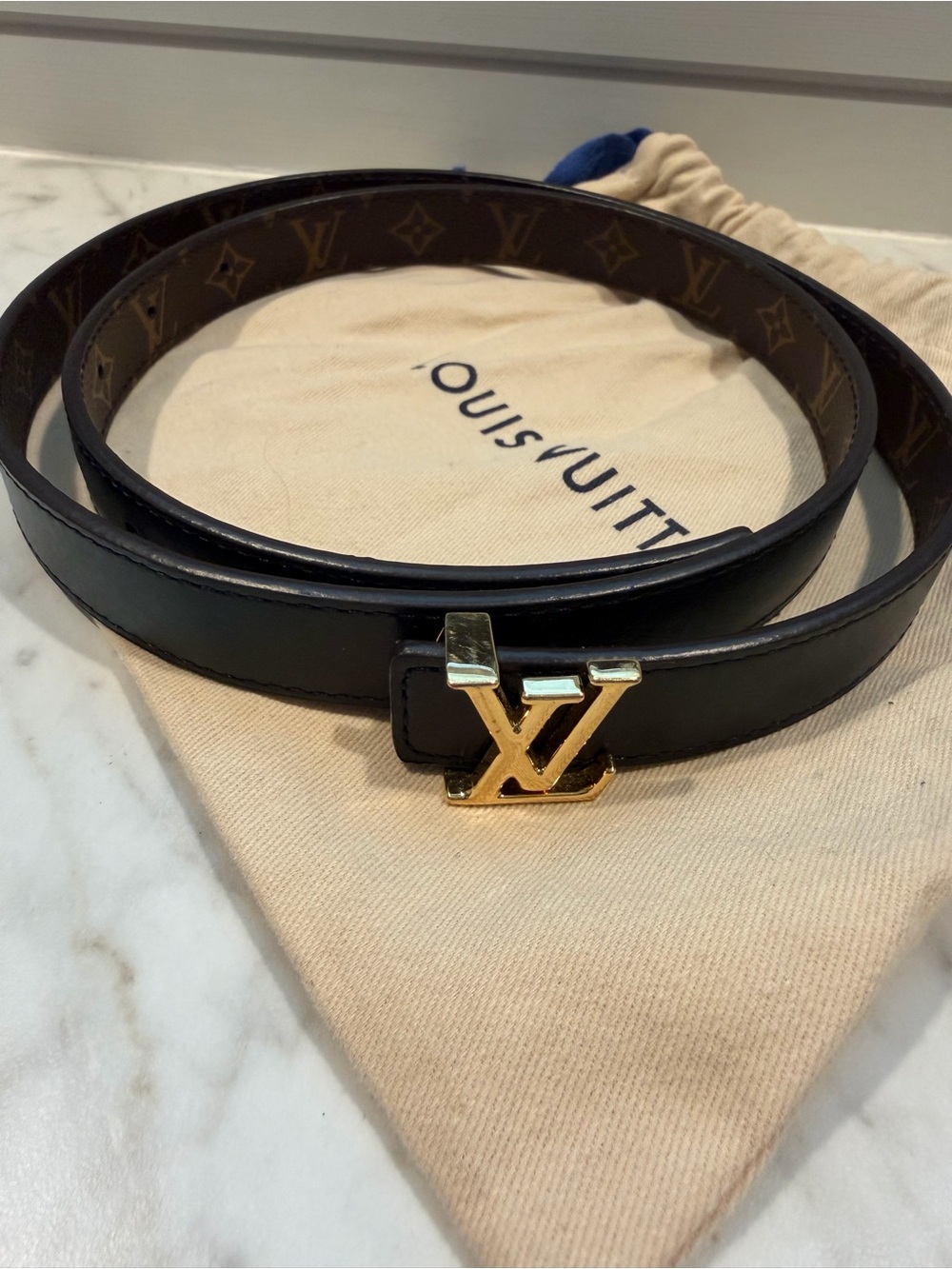 Louis Vuitton Black and Brown Reversible Monogram Belt with Gold LV Buckle